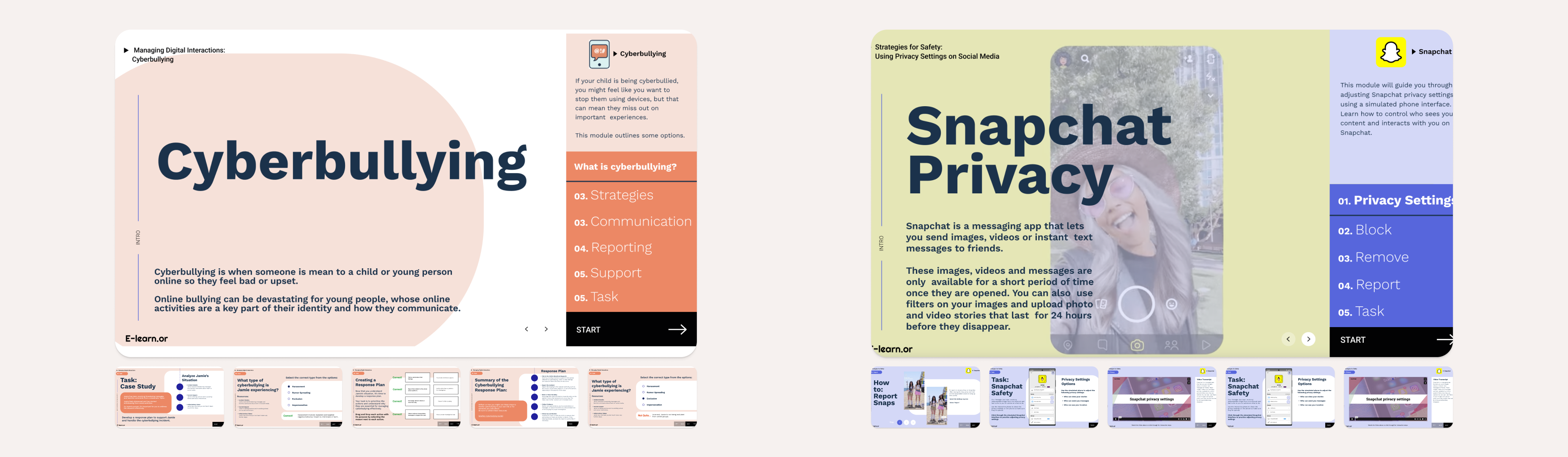 E-learning module screens for online safety